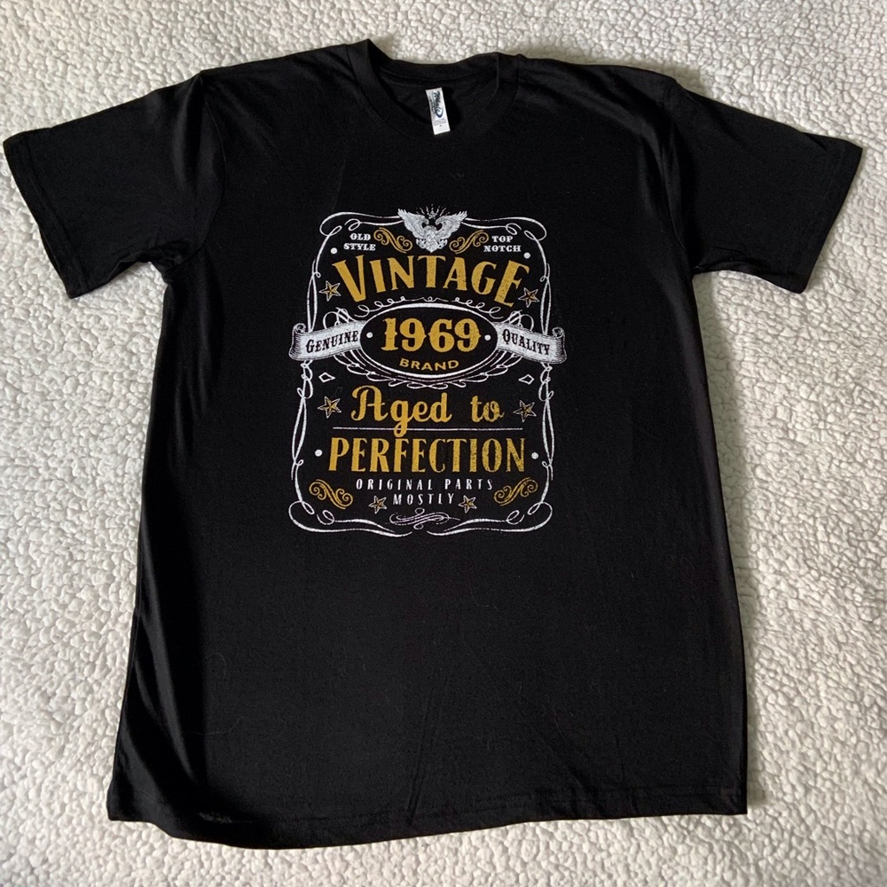 NWOT “Vintage 1969 Aged to Perfection” black t-shirt, size medium